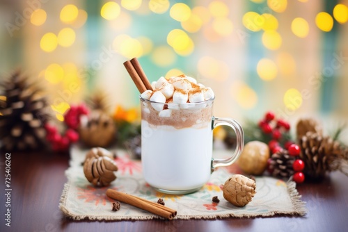 closeup of hot chocolate with marshmallows and cinnamon stick