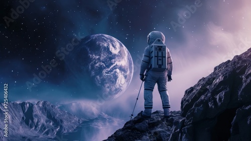 man in space with spacesuit exploring another planet photo