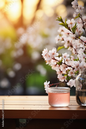 Wooden table spring nature bokeh background  empty wood desk product display mockup with green park sunny blurry abstract garden backdrop landscape ads showcase presentation. Mock up  copy space .