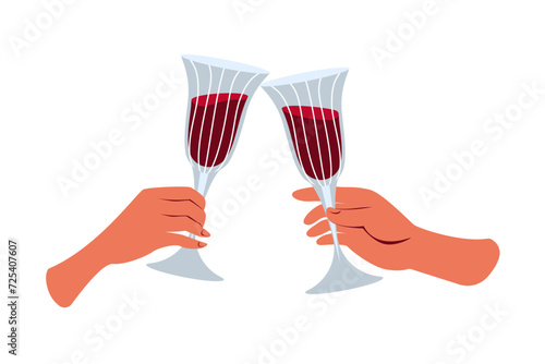 Hands with red wine in glasses. Male and female wrists hold glasses of champagne and wine. Hands hold glasses, raise toasts. Vector illustration.