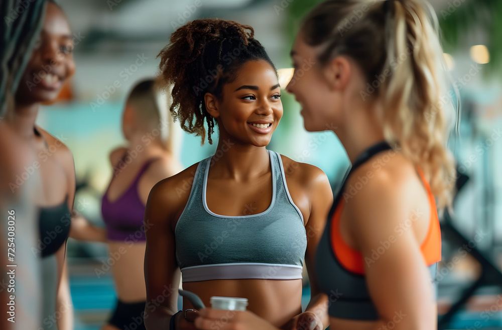 Group of diverse women smiling and chatting in a gym, portraying friendship and a healthy lifestyle.