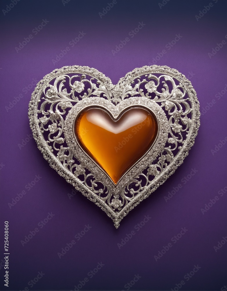 Elegant silver heart with a smooth amber center on a royal purple background