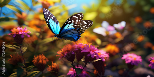 spring background. colorful flowers and butterflies, Some butterflies flying in a field of flowers at sunset, 