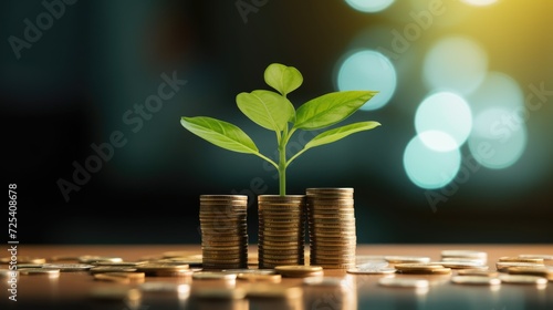 green plant is seen growing from a stack of coin