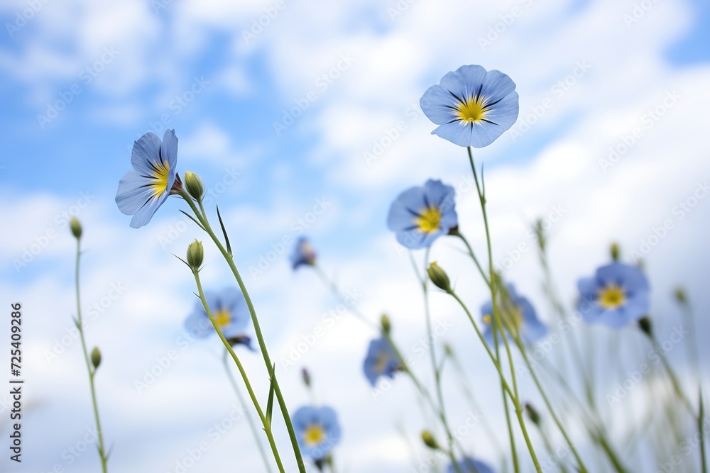 blue flax flowers contrasted against a cloudy sky blue flax flowers contrasted against a cloudy sky