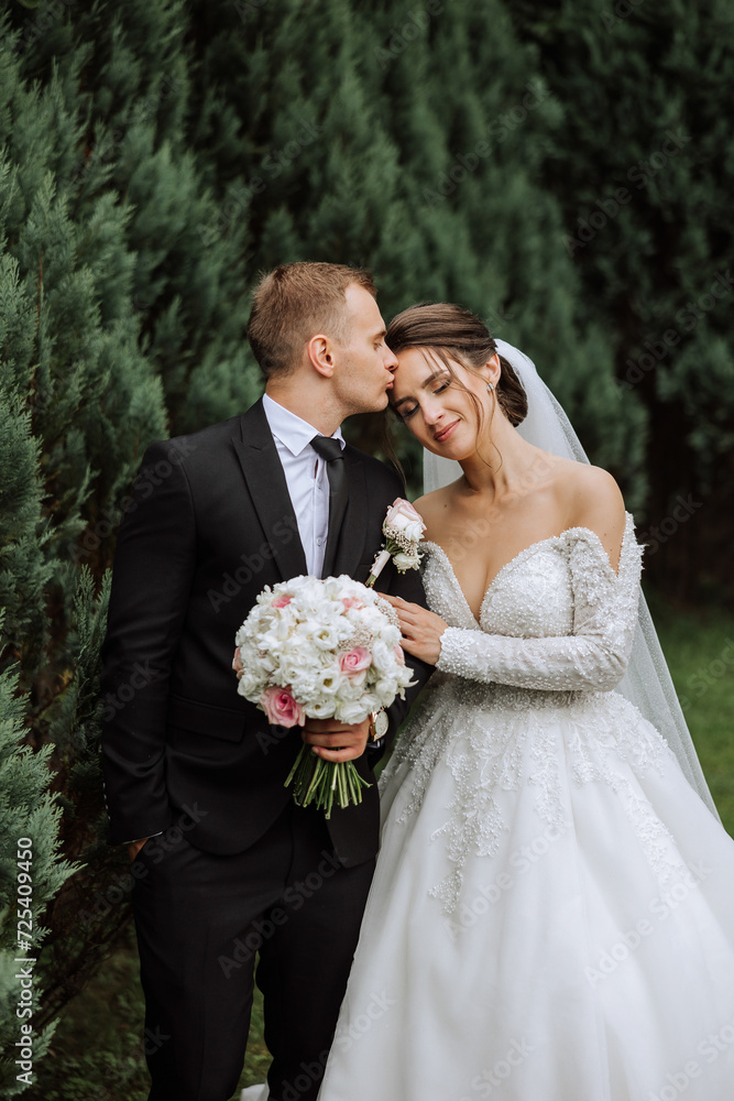 The bride is dressed in an elegant lush white wedding dress with a long veil and is ready for her groom. The first meeting of the bride and groom The bride is dressed in an elegant lush white wedding dress with a long veil and is ready for her groom. The first meeting of the bride and groom