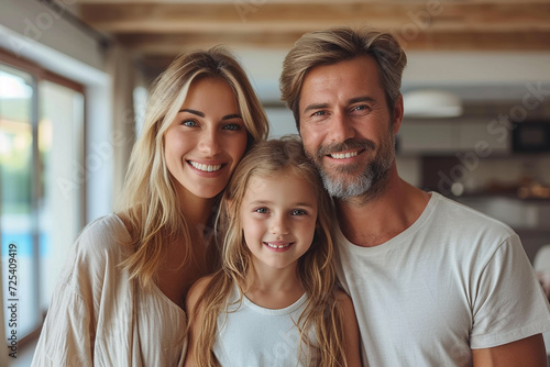 Illustration of young family on new hose on background