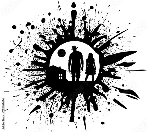 Künstlerisches Vektor Design Element- Tintenspritzer - Kleckse Platsch - Western Cowboy und Cowgirl - Country Silhouetten
