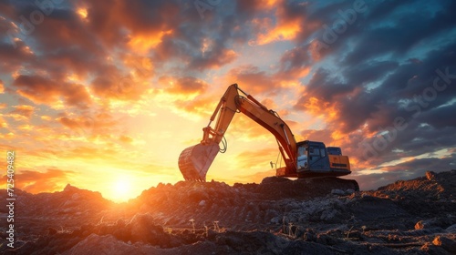 Excavator in construction site on sunset sky background © Sasint