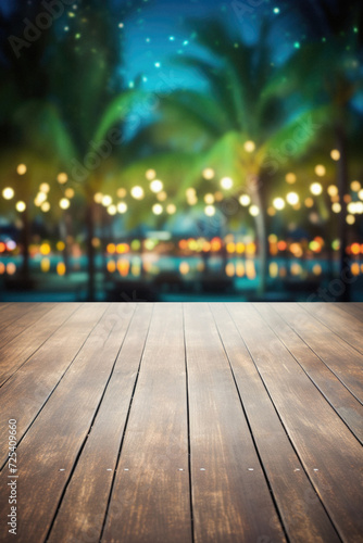Wooden table pool bokeh background  empty wood desk product display mockup with blurry tropical hotel resort abstract poolside summer travel backdrop advertising presentation. Mock up  copy space .