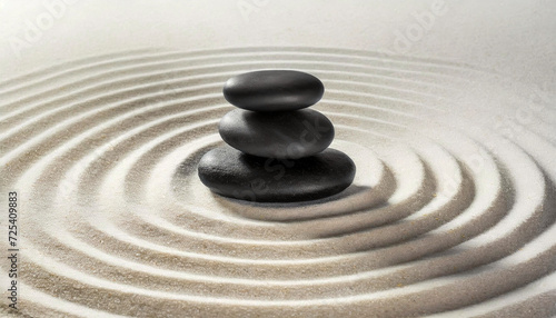 Zen Garden. Three smooth black stones balanced on concentric circles of white sand. Zen or Feng Shui concept. Generative Ai.