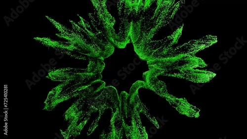 Green splash of shiny particles, 3d motion