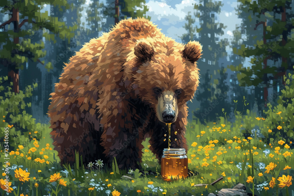 Fototapeta premium Illustration of cute little bear with pot of honey