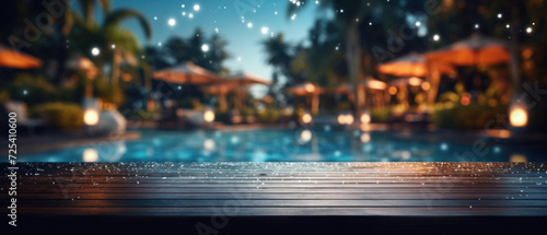 Wooden table pool bokeh background, empty wood desk product display mockup with blurry tropical hotel resort abstract poolside summer travel backdrop advertising presentation. Mock up, copy space .