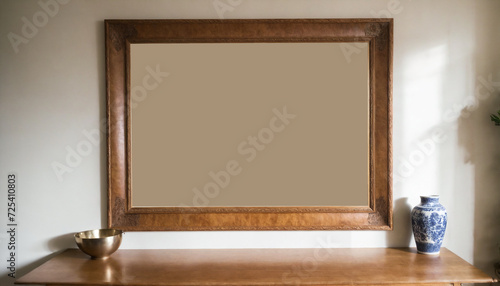 A template of Vintage blank Wooden Window Frame with Ornate Decoration in a Room
