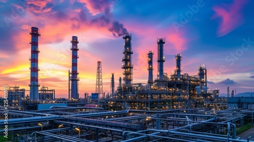 Wallpaper Mural Factory of oil and gas refinery industrial plant with sunrise sky background, petrochemical industry, Smoke stacks of power plant Torontodigital.ca