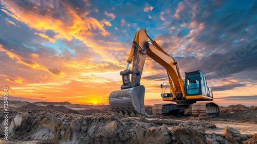 Excavator in construction site on sunset sky background