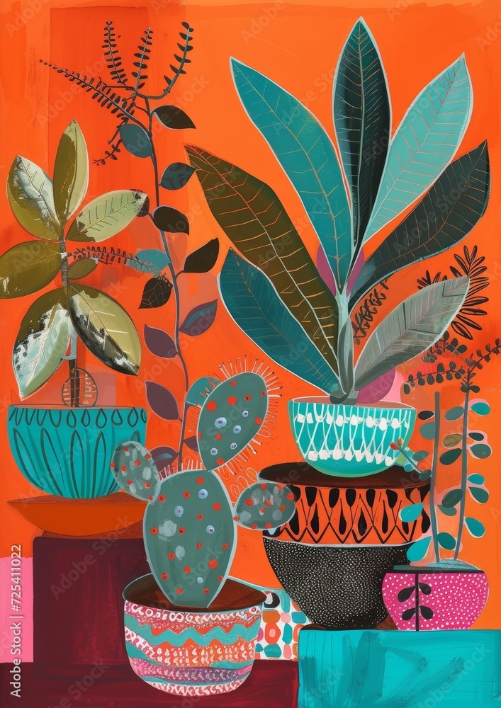 Obraz premium Plants in containers, in the style of mid-century illustration, bold orange and teal, layered and textured mixed media pieces, AI generated