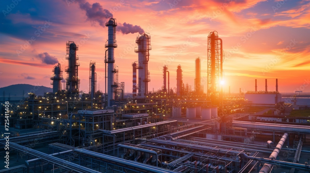 Fototapeta premium Factory of oil and gas refinery industrial plant with sunrise sky background, petrochemical industry, Smoke stacks of power plant