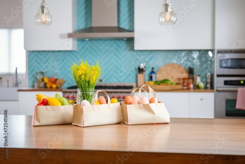 shopping bags with bread and eggs on kitchen island