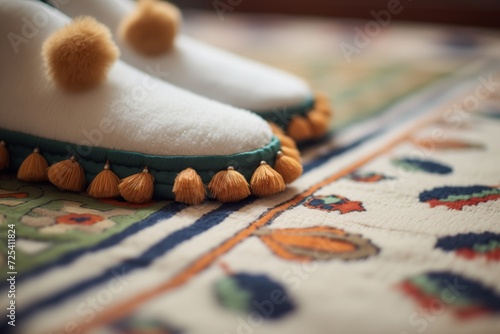 closeup of slippers with pompoms on a luxury fabric mat photo