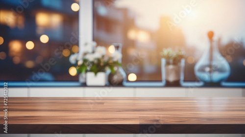 Wooden kitchen home table bokeh background  empty wood desk tabletop food counter surface product display mockup with blurry cafe abstract backdrop advertising presentation. Mock up  copy space .
