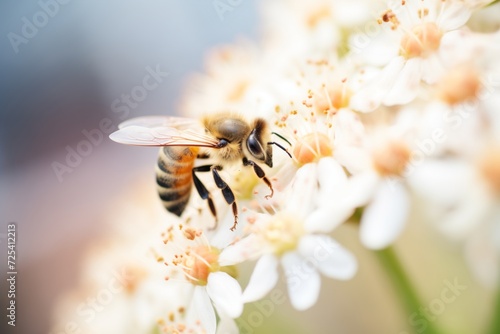 close shot of a honeybee pollinating a flower © primopiano