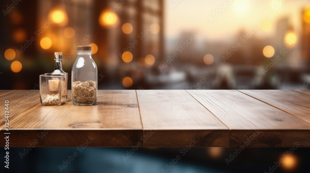 Wooden home table bokeh background, empty wood desk cafe tabletop surface product display mockup with blurry living room or city abstract backdrop advertising presentation. Mock up, copy space .
