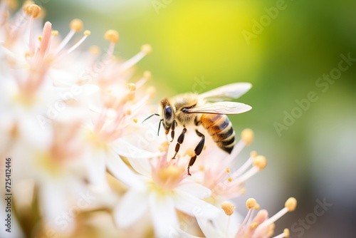 close shot of a honeybee pollinating a flower © primopiano