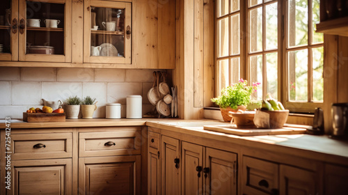 Busy Kitchen With an Abundance of Pots and Pans. Interior of a modern kitchen made of solid wood.