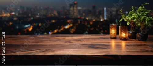 Wooden table bokeh city view background, empty wood desk tabletop counter surface product display mockup with blurry cityscape lights abstract backdrop presentation. Mock up, copy space . photo