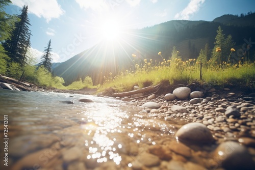 sun spots creating a reflective path on a mountain river photo
