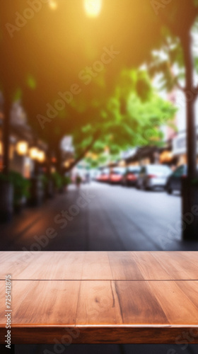 Wooden table bokeh city view background  empty wood desk tabletop counter surface product display mockup with blurry cityscape lights abstract backdrop presentation. Mock up  copy space .
