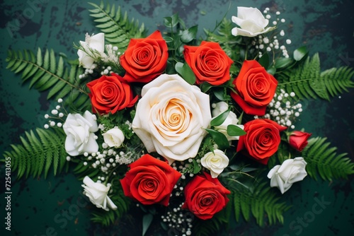 red and white roses surrounded by lush green leaves