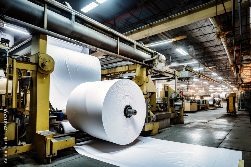 Factory for the production of paper and cardboard. Production equipment for paper production. Big machine. The machine makes paper. Factory for the production of paper and cardboard. Production equipment for paper production. Big machine. The machine makes paper.