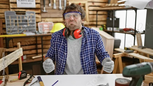 Puzzled young man, a professional carpenter, in his workshop expressing 'i don’t know' with a shrug of his shoulders, showing clueless confusion with raised arms and hands. photo
