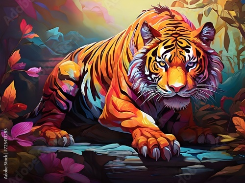 the allure of a multicolored tiger in bold line art. Vibrant hues accentuate its strength and beauty. Mesmerizing blend of color and form. Perfect for captivating and unique visuals. 