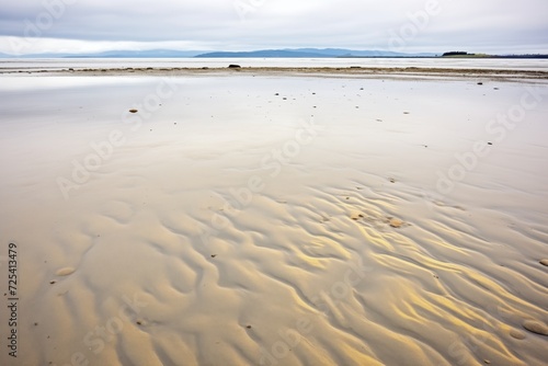 an empty seashore at low tide  with exposed sand ripples