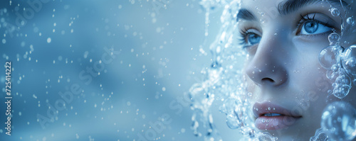 A beautiful woman with blue eyes portrait blue tones hydrating serum molecules structure and flying water droplets on the face, light background. Skincare and beauty banner with copy space.