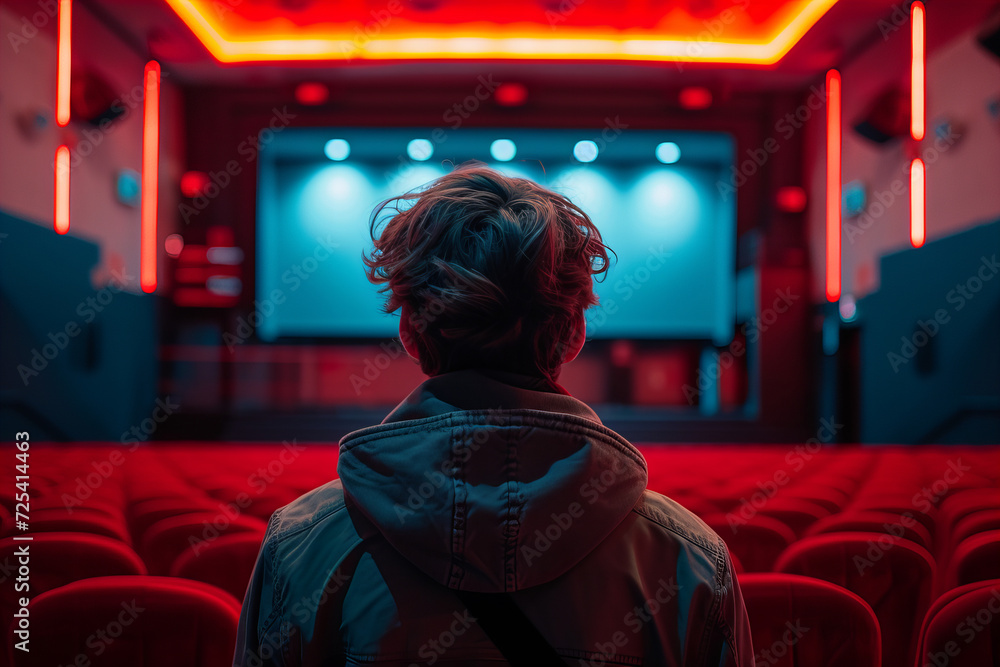 A person sitting alone in an empty movie theater waiting for a movie. A person sitting alone in an empty movie theater waiting for a movie.