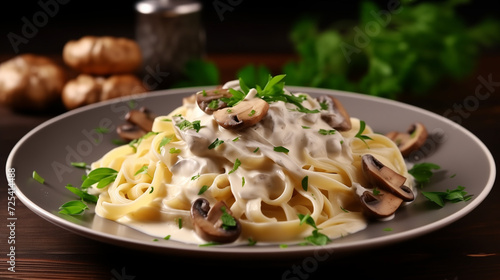 Homemade Italian fettuccine pasta (Fettuccine al Funghi Porcini) with mushroom and cream sauce