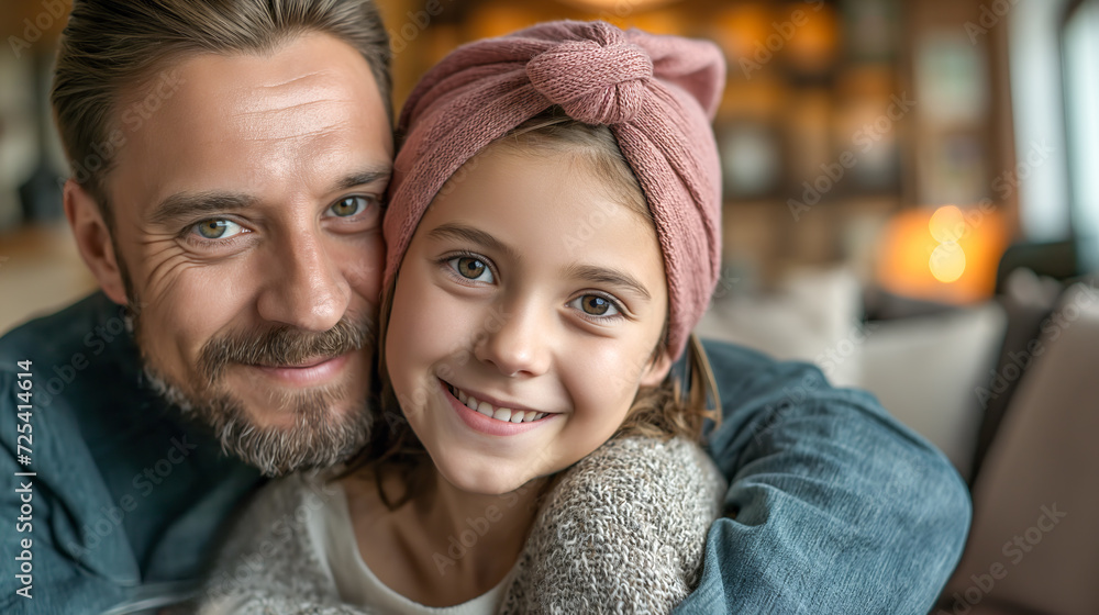 Portrait of smiling girl with headscarf hugging her father. Childhood leukemia concept Portrait of smiling girl with headscarf hugging her father. Childhood leukemia concept