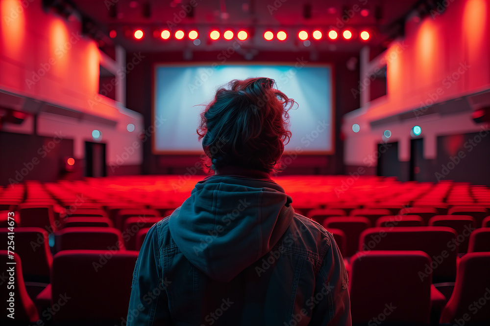 A woman sitting alone in an empty movie theater waiting for a movie.