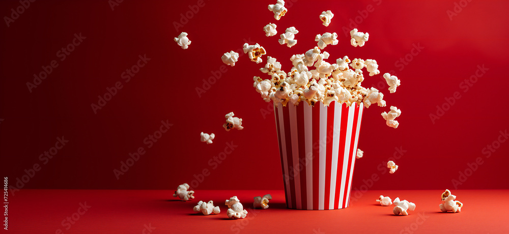Striped paper bag with popcorn flying around on a red background. Movie and cinema concept banner with copy space.