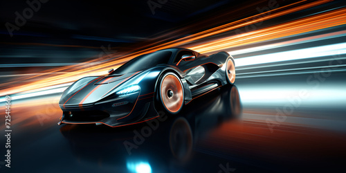 Highspeed car drift Dynamic digital art with intense energy  A futuristic looking car is driving on a wet road in front of a cityscape.  