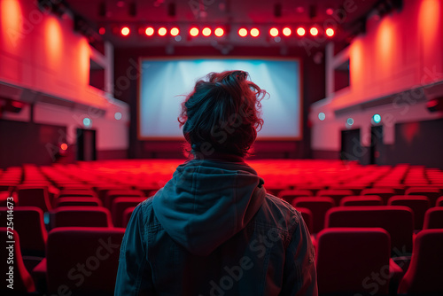 A woman sitting alone in an empty movie theater waiting for a movie.