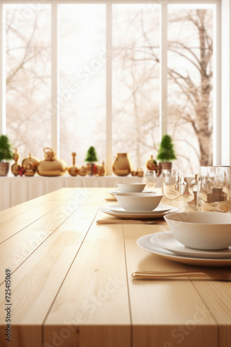 Wooden kitchen home table bokeh background, empty wood desk tabletop food counter surface product display mockup with blurry cafe abstract backdrop advertising presentation. Mock up, copy space .