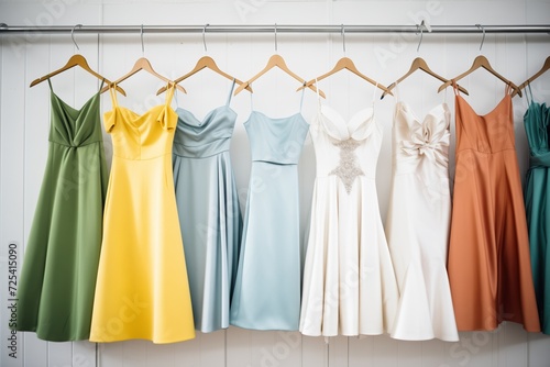 multiple dresses hanging in a fitting room