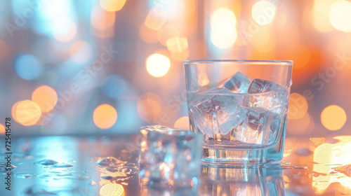 Blur background. Cocktail glass and ice cubes put on the tray plastic.