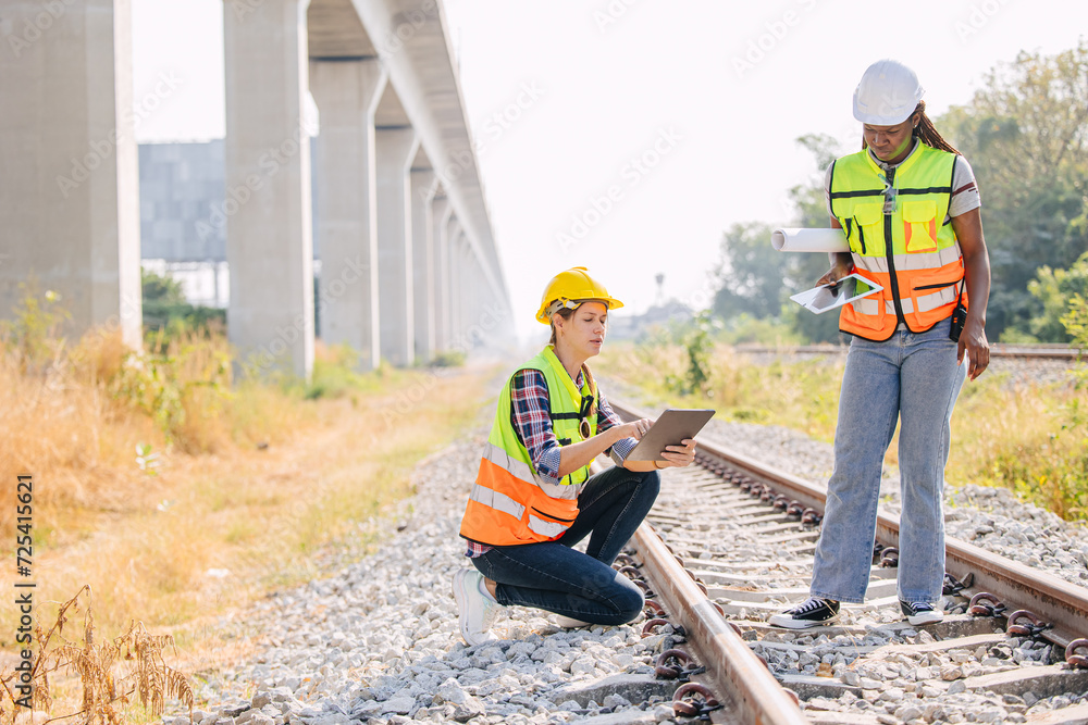 Engineer female railway tracks service team working on site survey check maintenance inspection